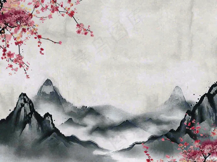 中国风水墨山水画，山脉枝叶花朵手绘插画(1264x944)