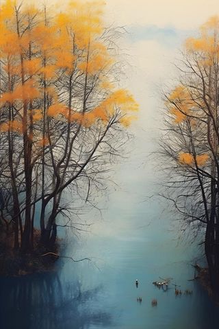 秋叶树木河面俯视摄影