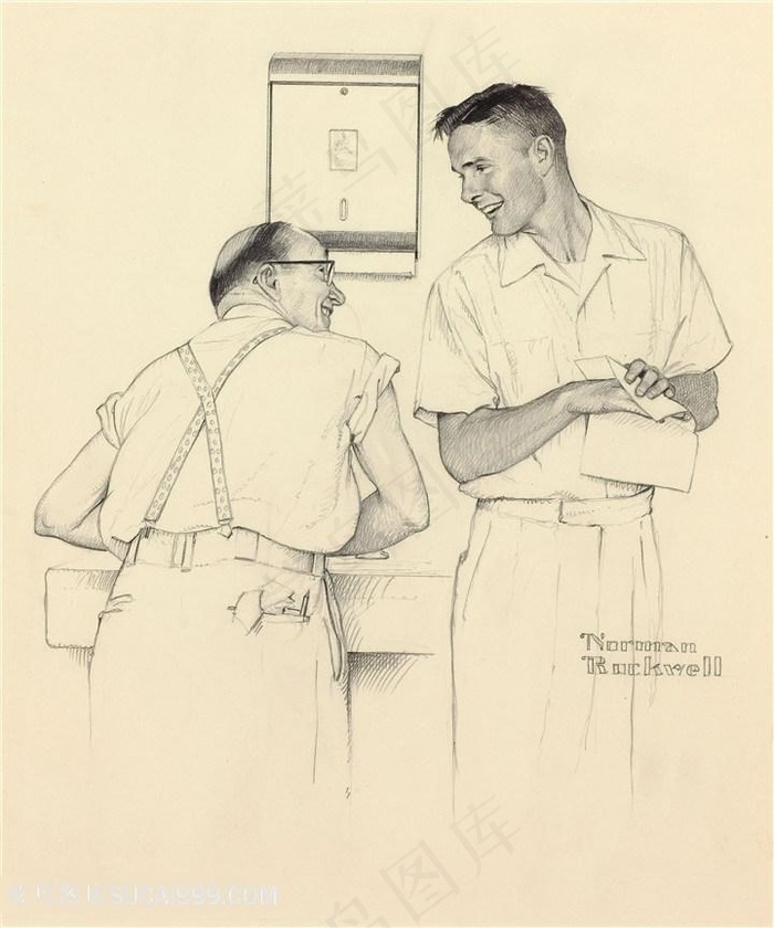 诺曼 · 洛克威尔手绘素描工人交流装饰画