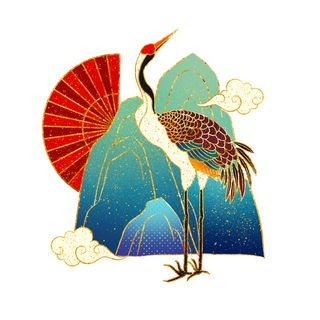 中国风国潮仙鹤山水插画手绘元素场景PSD设计素材