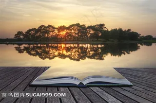 落日树林风景湖泊边的书本图片
