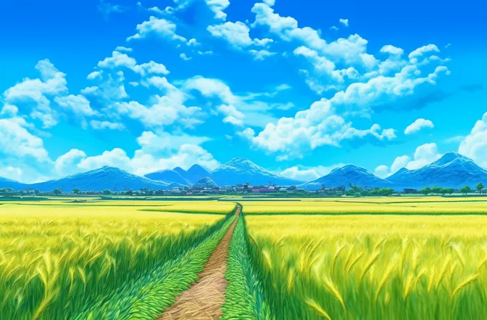 蓝天白云下黄色的稻田插画背景(4080x2688)