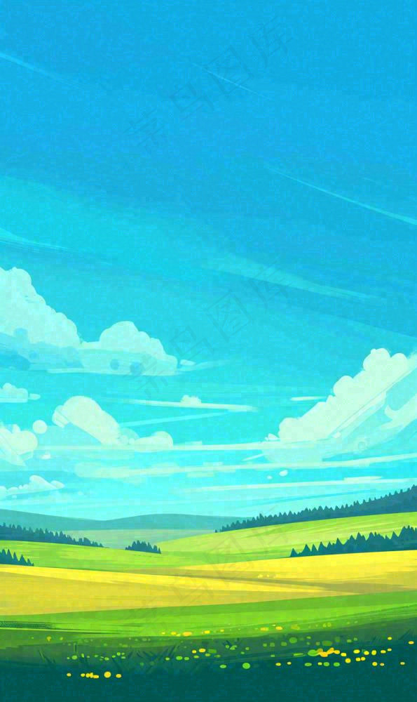 蓝天白云草地山脉插画手绘