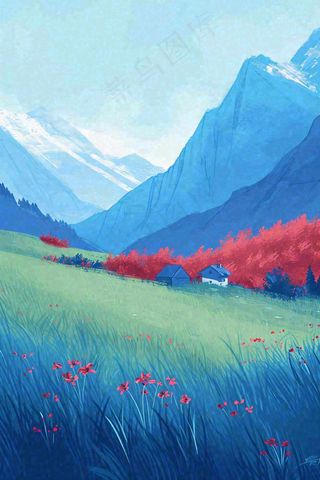 春天郊外绿地草地山脉石头插画手绘，惊蛰春分