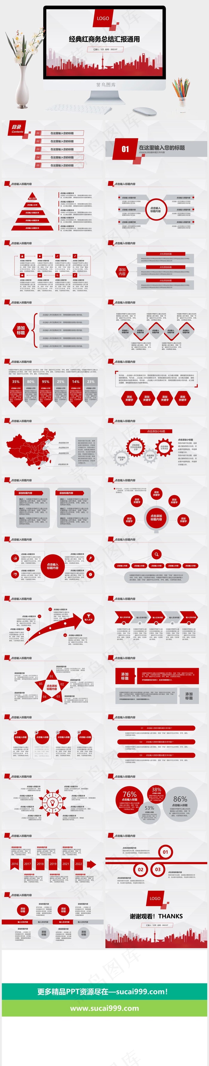 城市剪影主图经典红商务总结汇报通用ppt模板