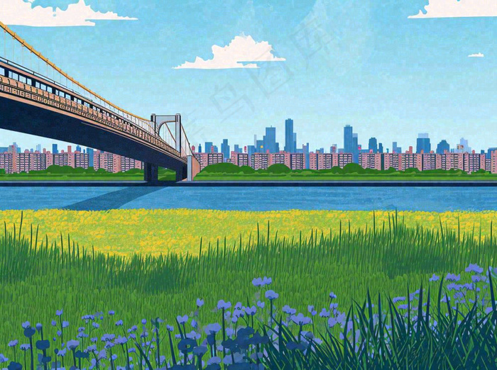 城市河边草地交通风景，春天阳光蓝天白云手绘插画(1264x944)