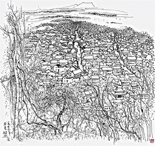 吴冠中手绘线描村落房子装饰画