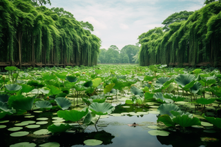 夏天池塘湖泊荷叶荷花绿植摄影图