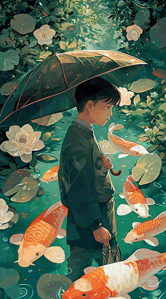 中国风金鱼喝水荷叶少年锦鲤手绘插画(816x1472)