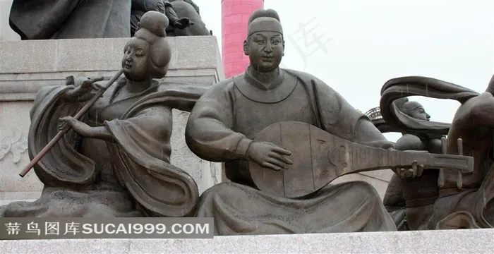 吹笛子，弹琵琶雕塑摄影