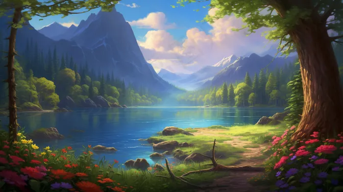森林山林湖泊风景素材插画(4368x2448)