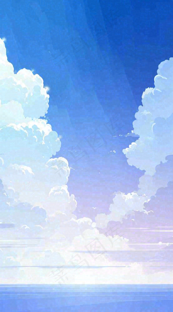 粉蓝渐变天空白云简约温馨，阳光海面海洋扁平插画