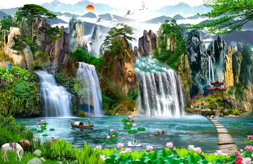 流水生财木桥荷花风景