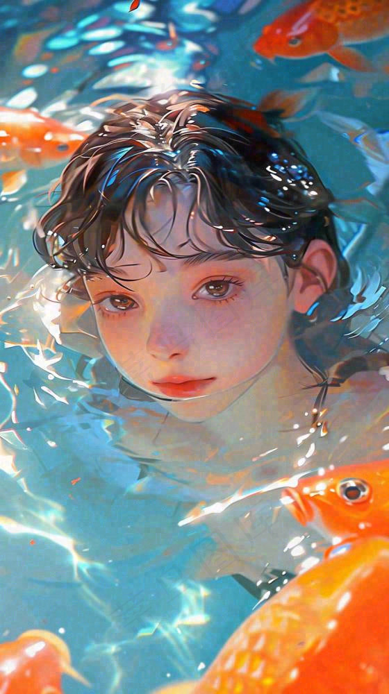 阳光泳池游泳人物男女，金鱼水面海上，反光色彩摄影图(816x1456)