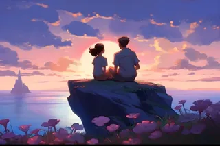 长辈父亲和孩子坐着看落日晚霞浪漫背景