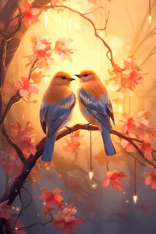 小鸟比翼双飞桃花花树枝头插画背景