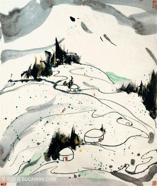 吴冠中手绘水墨山脉房子装饰画