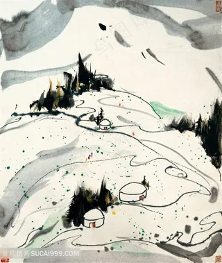 吴冠中手绘水墨山脉房子装饰画