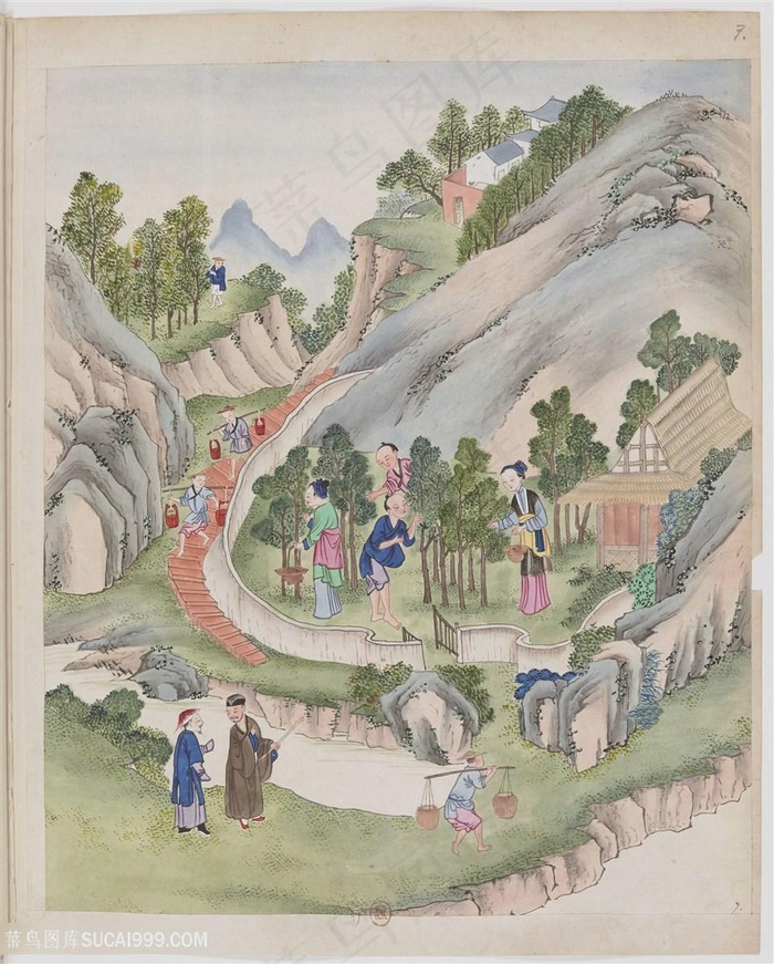 古代制茶采茶茶艺场景绘画图片