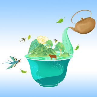 春茶插画倒茶品茶手绘