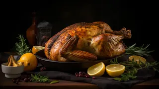 热气腾腾木炭烤火鸡片烧烤食物摄影图