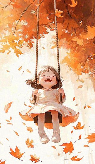 秋天秋叶少女儿童荡秋千玩耍，可爱手绘插画