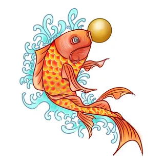 手绘国潮古风喜庆铜钱锦鲤鱼金鱼荷花插画场景装饰PSD设计素