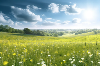 黄色花朵的绿色草地图像浅天蓝色摄影图