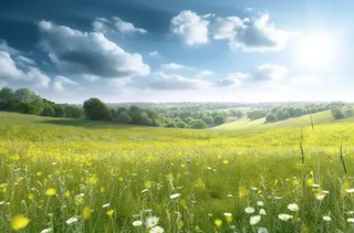 黄色花朵的绿色草地图像浅天蓝色摄影图