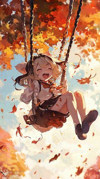 秋天秋叶树下卡通女孩荡秋千手绘插画，唯美落叶
