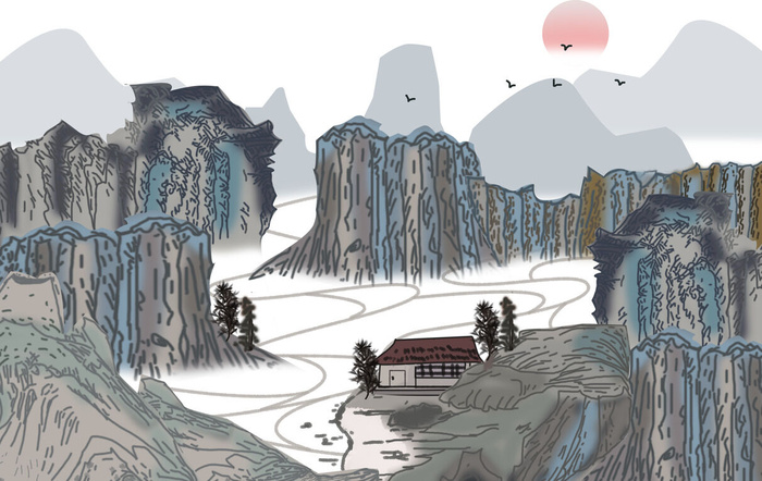 山间木屋景观画PSD素材