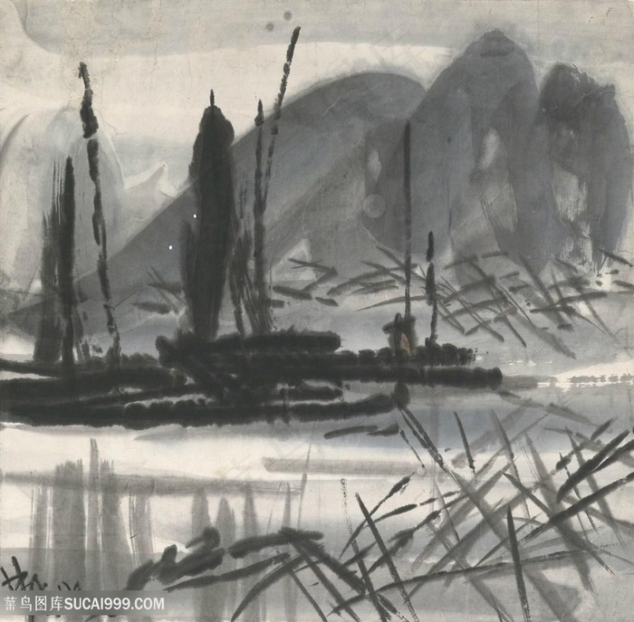 林风眠手绘水墨山脉湖泊美景装饰画