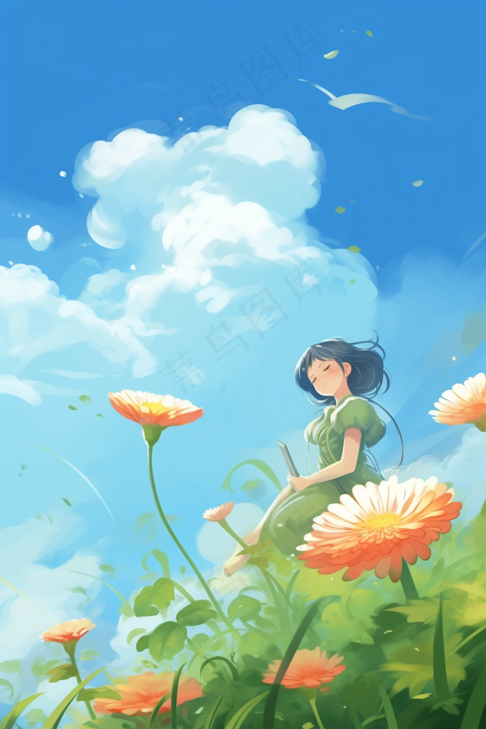 花丛少女白云蓝天插画(2688x4032)