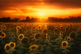 一片向日葵田，里面有漂亮的日落景象摄影图壁纸