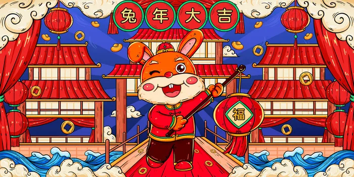 时尚创意卡通兔子新年喜庆展板