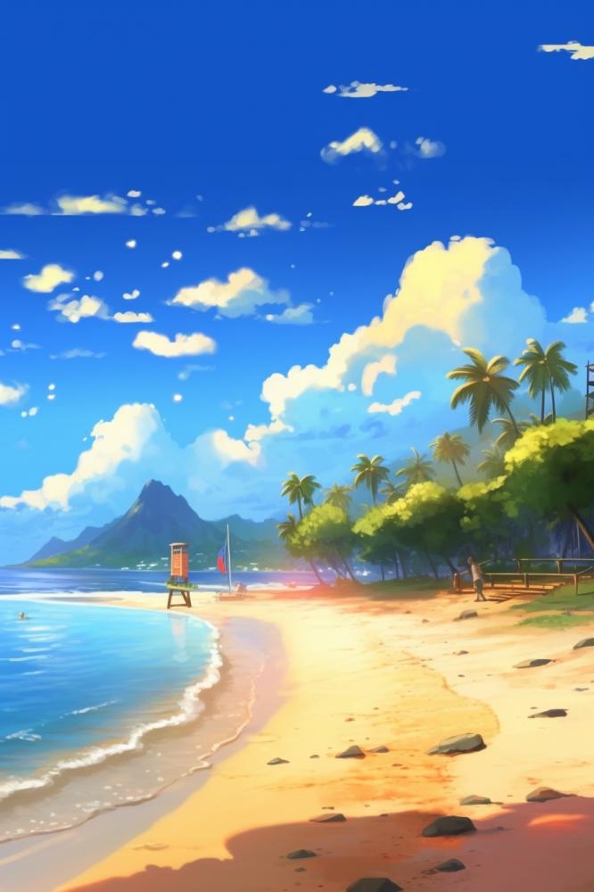 夏日清新阳光沙滩海浪蓝色插画背景(896x1344)