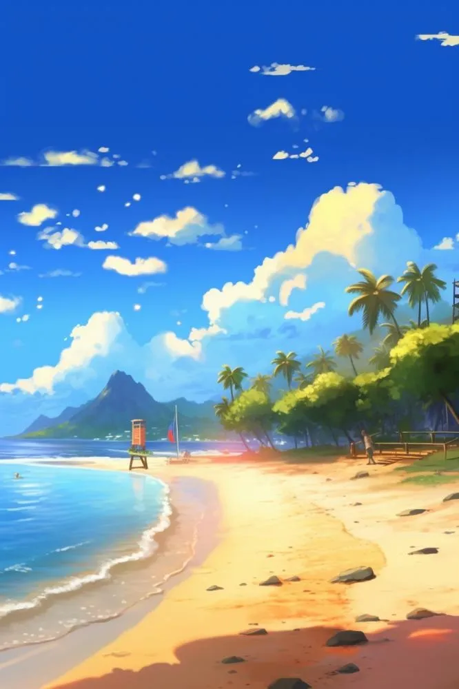 夏日清新阳光沙滩海浪蓝色插画背景(896x1344)