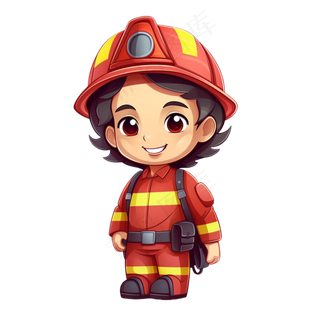 红色原创AI手绘风格可爱消防员PNG免抠素材01