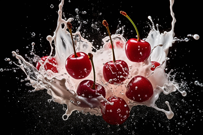 水果牛奶碰撞融合车厘子液体撞击迸射瞬间摄影图