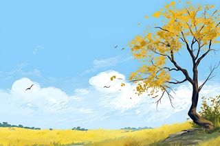 秋天清新天空树林插画黄色背景