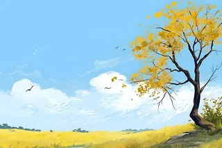 秋天清新天空树林插画黄色背景