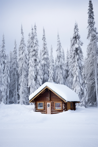 冬天雪景里的小木屋挂满雪的松树摄影图