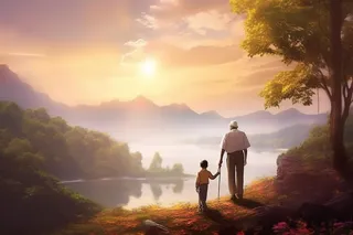 落日老人孩子山海背景