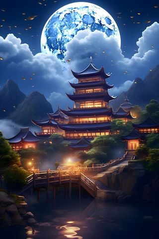 国风蓝色夜晚建筑典雅背景