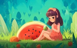 坐着西瓜草地的女孩插画背景