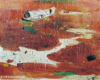 吴冠中水彩湖畔船美景装饰画