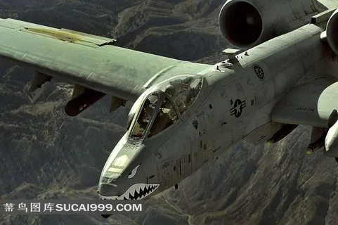 群山上飞行的疣猪攻击机前部特写