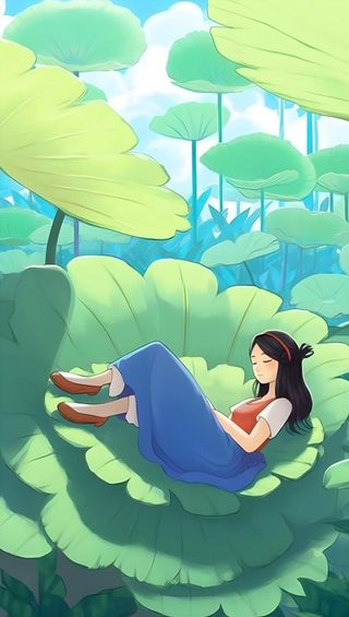 夏日乘凉的女孩躺着叶子上荷叶绿色海报背景