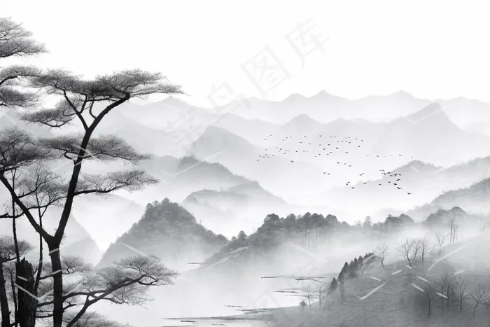 水墨画山水画松树黑白画(4032x2688)
