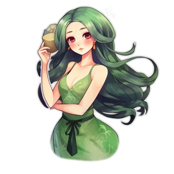 古装少女绿衣裙可爱插画免抠(1024x1024)
